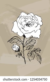 Blooming flower. Hand drawn blossom branches with white silhouette and linear contour on brown background. Vector illustration. Can use for greeting cards, wedding invitations, patterns.