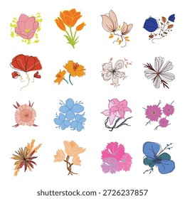 Colección floreciente de la cabeza de la flor. Vector de rosas de colores suaves y tulipanes para el diseño floral vintage o invitación de boda