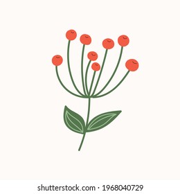 Blooming flower isolated on white background.Hand drawn floral element with green leaves.