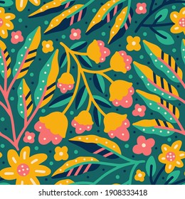 blooming flower and leaves colorful nature seamless pattern