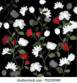 Blooming Flower with leaves on black. hand drawn Seamless background pattern. Vector 