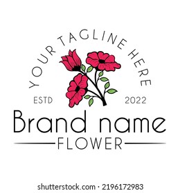 Blühendes Logo-Design mit Stamm und Blättern. Schönheitsprodukte, Pflegeprodukte und andere Produkte