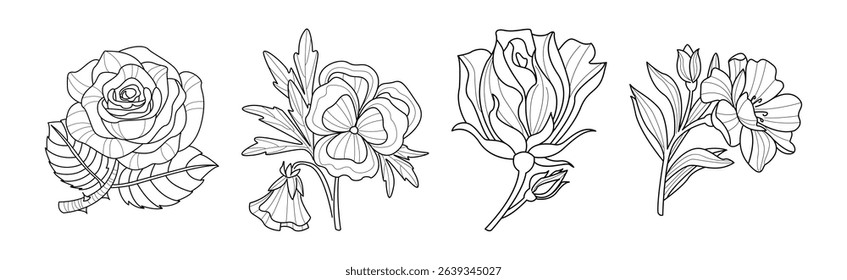 Blooming Flower and Lush Garden Flora Line Vector Set