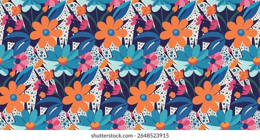 blooming flower motif pattern with stems and leaves on a dotted background