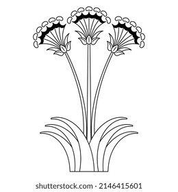 Blooming flower. Papyrus plant. Lily blossom. Ancient Minoan floral ethnic design. Black and white linear silhouette.