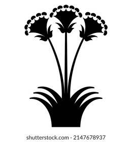 Blooming flower. Papyrus plant. Lily blossom. Ancient Minoan floral ethnic design. Black silhouette on white background.
