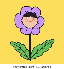 Blooming Flower With Pollen In Shape Of Girl’s Smiling Face Concept Card Character illustration