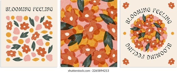 Blooming flower poster design set. 