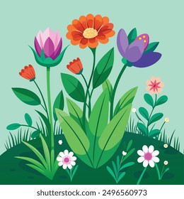 Blooming flowers among the green grass