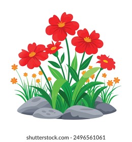 Blooming flowers among the green grass
