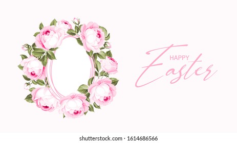 Blooming flowers around contour of easter egg with curves of calligraphic text. Holiday card on the white background. Template for your design. Vector illustration.