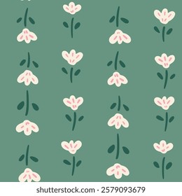 Blooming flowers arranged vertically as a beautiful floral stripe pattern in a color palette of white, pink and green on sage green background. A seamless vector pattern. Great for home decor, fabric.