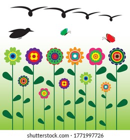 Blooming flowers with birds and bees