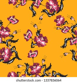 Blooming flowers botanical floral and leaves background vector seamless pattern on summer yellow background