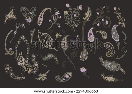 Blooming flowers and botany, isolated flora decoration elements. Paisley in blossom, leaves and foliage, stems and buds. Flourishing and ornamental decor, adornment. Vector in flat style illustration