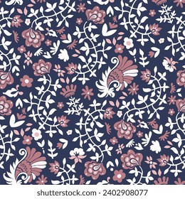 Blooming flowers and botany. Paisley in blossom, leaves and foliage, stems and buds. Flourishing and ornamental decor, adornment. Seamless pattern, wallpaper or background print. Vector in flat style