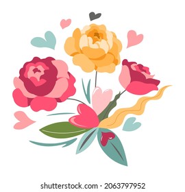 Blooming flowers in bouquet tied with ribbon and adorned by heart shape decoration. Wedding present, gift for saint valentines day. Blossom and flourishing roses. Vector in flat style illustration