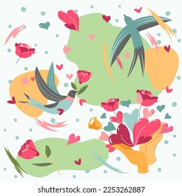 Blooming flowers and bouquets, foliage and colorful abstract shapes decoration. Present for holiday, leafage and blossom. Seamless pattern, wallpaper or background print. Vector in flat style