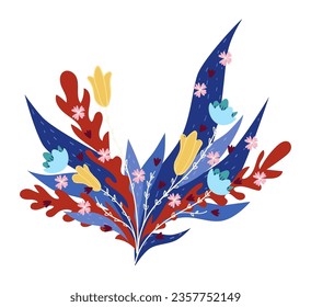 Blooming flowers and branches with foliage, isolated bouquet decoration. Floral composition or arrangement, gift or present for holiday celebration. Petals and leaves design. Vector in flat style