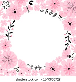 Blooming flowers with butterfly frame background. Simple linear flowers with transparent overlapping petals vector wreath. Candy pink flowers spring card concept.