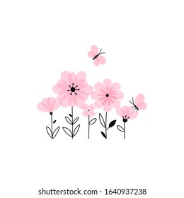 Blooming flowers with butterfly illustration isolated on white background. Floral simple linear transparent overlapping petals vector clip-art. Candy pink flowers spring concept.