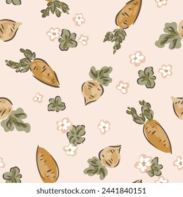 Blooming flowers with carrots and turnips capturing the spirit of Easter and of spring with brown,sage green,off white,beige,cream. Great for homedecor,fabric,wallpaper,giftwrap,stationery,packaging 