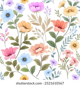 blooming flowers element on white background seamless pattern. This pattern is digital paint not Ai generate design for fabric textile fashion print wallpaper.