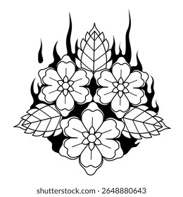 blooming flowers and fiery leaf ornaments.hand drawn old school tattoo illustration