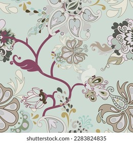Flores y flora florecientes, decoración botánica de primavera y verano. Twigs con brotes y follaje, follaje y hojas sobre ramas. Patrón, fondo de pantalla o huella de fondo sin inconvenientes. Vector de estilo plano