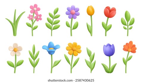 Blooming flowers and foliage decoration, volumetric plants and flora. Vector 3d style, isolated blossom and stems. Cartoon game design, branches and flourishing, tulips and chamomile set