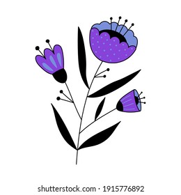 Blooming flowers in folk style. Vector illustration in flat style. Isolated objects on white background. Postcard, invitation and t-shirt design.