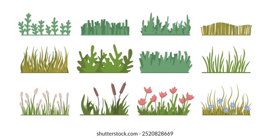 Flores florescentes e verde grama linhas horizontais ou bordas. Vetor relvado plano, decoração de jardim ou quintal, folhagem fresca e ervas daninhas, verão sazonal ou primavera projeto de ervas para terra ecológica