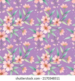 blooming flowers with green leaf on violet color background seamless pattern.