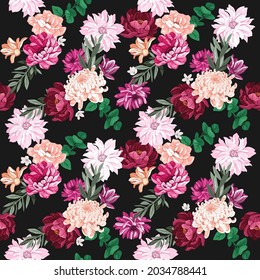 Blooming flowers and green leaves- peonies, dahlias, tulips. Seamless pattern with hand drawn illustrations with floral theme