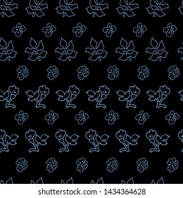Blooming flowers hand drawn vector seamless pattern. Blue contours of plants on a black background. Pansy, poppies flat hand drawn backdrop. Spring holidays presents and gifts wrapping paper.