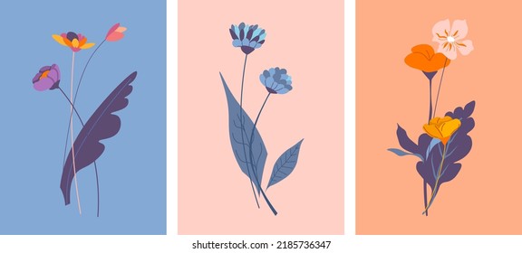 Blooming flowers, isolated bouquets with flourishing plants, stems and foliage. Leaves and decoration blossom. Florist shop assortment and arrangement for gift or presents. Vector in flat style