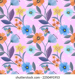 blooming flowers with leaf and butterfly seamless pattern. This pattern can be used for fabric textile wallpaper.