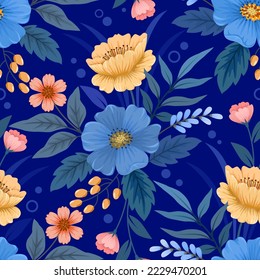 Blooming flowers and leaf on blue color background seamless pattern. can be used for fabric textile wallpaper.