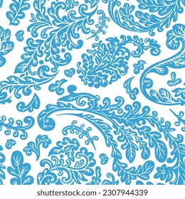 Blooming flowers and leaves, branches, and twigs with swirls. Floral ornament motif, spring or summer adornment design. Seamless pattern, wallpaper print, or background. Vector in flat style