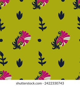 Blooming flowers and leaves decoration, ornamental motif with flora composition. Foliage and flourishing of simple plants. Seamless pattern print, background wallpaper. Vector in flat styles