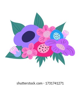 Blooming flowers and leaves flat vector illustration. Natural color, beautiful buds doodle drawing style. Decorative floral design element. Flat vector illustration isolated on white background.