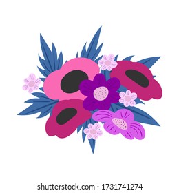 Blooming flowers and leaves flat vector illustration. Natural color, beautiful buds doodle drawing style. Decorative floral design element. Flat vector illustration isolated on white background.