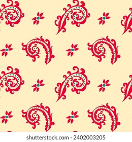 Blooming flowers and leaves modern paisley composition. Decoration or textile adornment, carpets and rugs texture design. Seamless pattern, wallpaper or background print. Vector in flat style