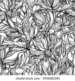 Blooming flowers on a background of tropical leaves of fragrant palm trees plants. Anti stress. Seamless vector pattern. Season spring summer 