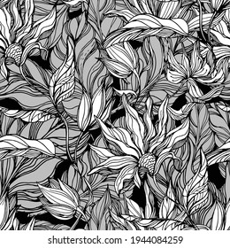 Blooming flowers on a background of tropical leaves of fragrant palm trees plants. Anti stress. Seamless vector pattern. Season spring summer 