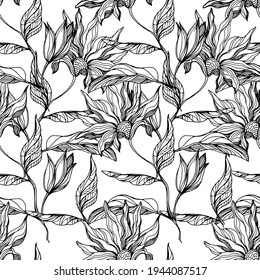 Blooming flowers on a background of tropical leaves of fragrant palm trees plants. Anti stress. Seamless vector pattern. Season spring summer 