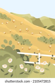 Flores florecientes en la pradera de verano. Colinas con campos de césped y fondo de marea. Paisaje rural en el clima soleado. Tranquilidad vertical y bonito paisaje natural. Ilustración vectorial plana de color