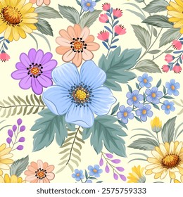 blooming flowers on white background seamless pattern. 