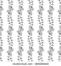 blooming flowers pattern. black and white seamless pattern with doodle twigs