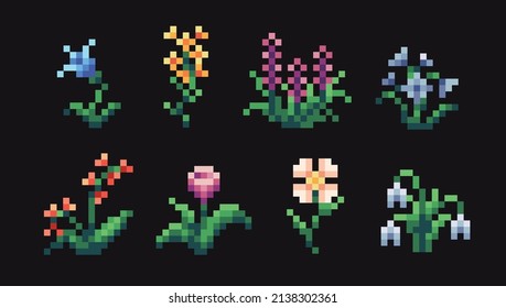 Blooming flowers pixel art set. Plants and herbs collection. 8-bit sprite. Game development, mobile app.  Isolated vector illustration.